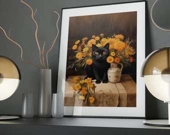 Art Poster - Feline Serenity: Cat Among Flowers | Wall Art & Room Decor | Physical Poster | Aesthetic Hanging Art | Nature | Unique Gift