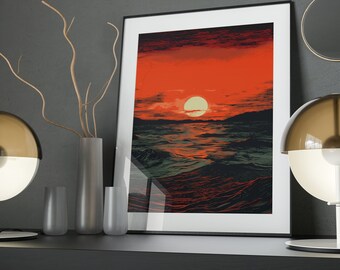 Orange Sunset Art Poster: Dusk's Embrace, Museum Grade Print
