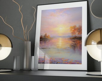 Sunrise Serenity Art Poster: Impressionist Lake Nature Print