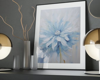 Blue Dahlia Impasto Art Print: Floral Wall Decor