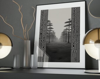 Tree-Lined Path Art Poster: Black and White Forest Print