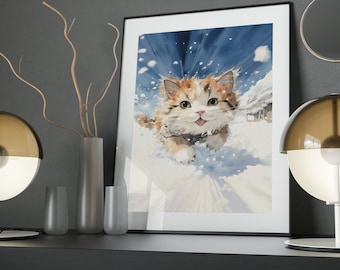 Playful Cat Art Poster: Snowbound Feline Print