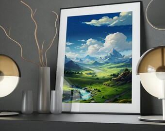 Grassy Meadow Mountain Art Poster: Nature Landscape Print