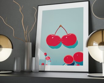 Minimalist Cherries Art Poster: Elegant Teal Room Decor