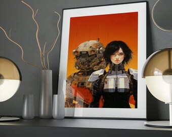 Tech Companion Anime Art Poster: Sci-Fi Woman and Droid