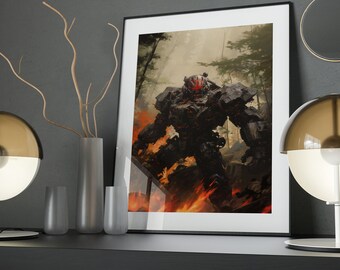 Obsidian Inferno Art Poster: Black Mech, Fiery Landscape