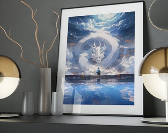 Dragon's Realm Art Poster: Anime Dragon, Serene Pond