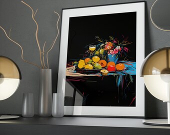Fruit Basket Art Poster: Abundance in Darkness, Minimalist Print