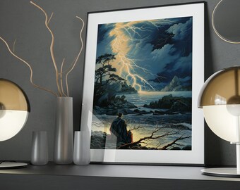 Ukiyo-e Thunderstorm Art Poster: Japanese Seascape Print