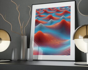 Red and Blue Interference Illusion Art Poster: Abstract Minimalist Decor