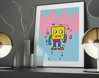 Pastel Doodle Art Poster: Minimalist Square Character Print