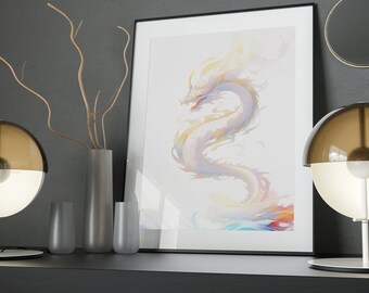 White Dragon Art Poster: Minimalist Fantasy Wall Decor