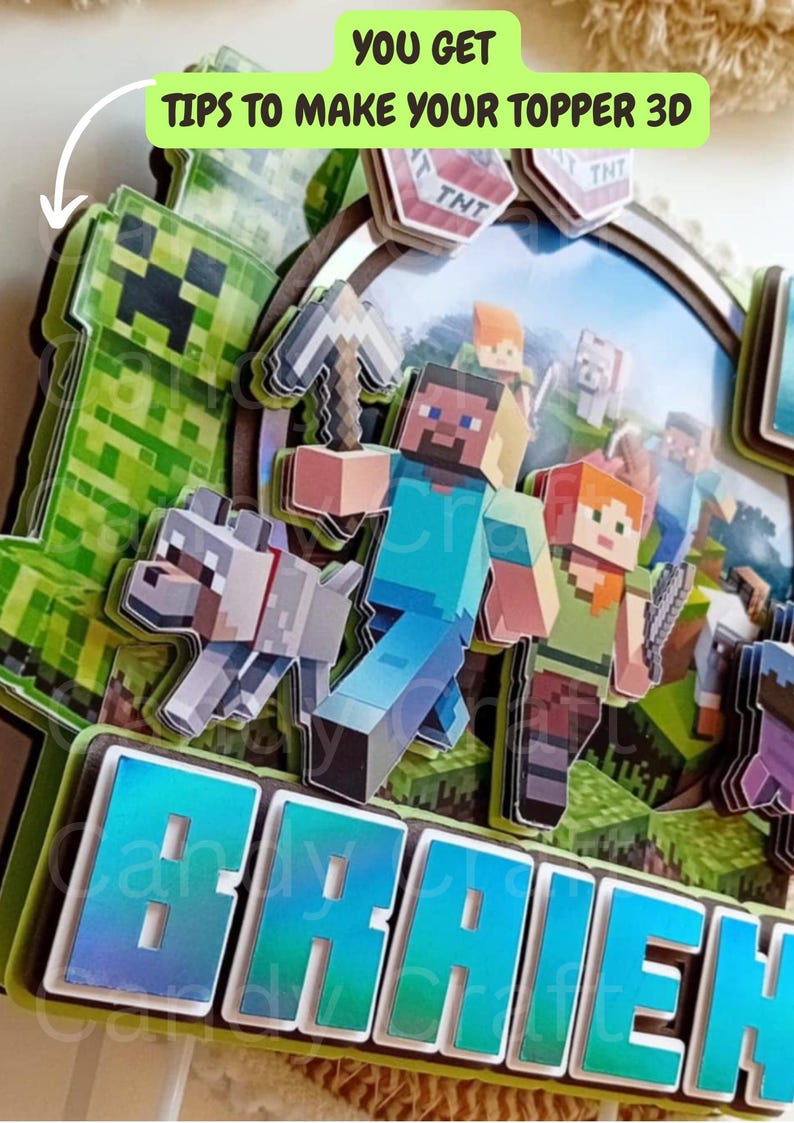 May include: A 3D Minecraft cake topper with a green creeper, a wolf, Steve, Alex, and the name "BRAIEN" in a blue and green gradient. The topper is made of cardboard and is perfect for a Minecraft themed birthday party.