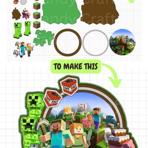 May include: A Minecraft-themed cake topper with green creepers, TNT blocks, and characters from the game. The topper includes a brown circle with a green background and a Minecraft landscape. The text "INCLUDES THOSE THINGS" and "TO MAKE THIS" are included in the image.