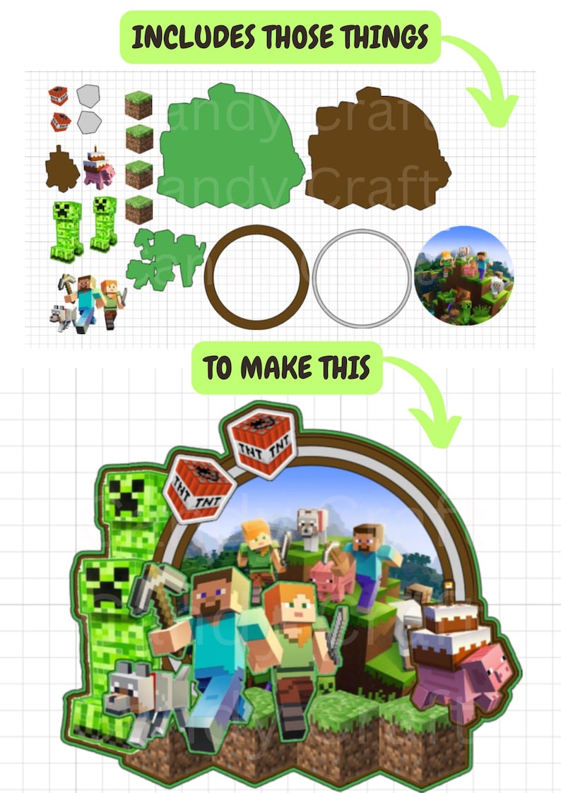 May include: A Minecraft-themed cake topper with green creepers, TNT blocks, and characters from the game. The topper includes a brown circle with a green background and a Minecraft landscape. The text "INCLUDES THOSE THINGS" and "TO MAKE THIS" are included in the image.