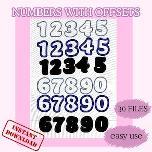 May include: A digital design featuring the text "NUMBERS WITH OFFSETS" above sets of numbers 1-5 and 6-0 in various styles and colors, including black, blue, and outlined. The image includes the text "INSTANT DOWNLOAD", "30 FILES", and "easy use".