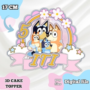 May include: A pink and yellow 3D cake topper featuring the characters from the show Bluey. The topper is 17 cm in diameter and includes the number 5, the word "ITI", and a cloud with stars.