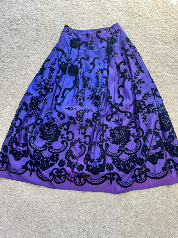 Vintage Purple Taffeta Skirt With Velvet Overlay Floral Design