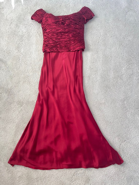 Satin Full-Length Off the Shoulder Ruby-Colored Mo