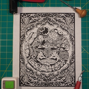 Impression linogravure Kanto Grass, édition limitée, 300, art Pokémon, fait main, impression lino 23 x 14 pouces, décoration murale, impression botanique, oeuvre d'art originale