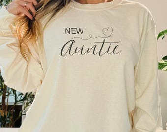 Camiseta de manga larga New Auntie Comfort Colors, camiseta de algodón para anunciar el nacimiento de un bebé, regalo para revelar el embarazo para la futura tía, camiseta para la nueva tía orgullosa