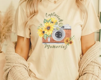 Photography Tee Floral camera tshirt Photographer gift for her Vintage Camera Sunflower top Cute summer top Snapshot sunshine flower tee
