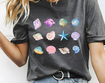 Seashell tshirt Ocean shirt Beach lover tee Shells t-shirt gift for her Watercolor sea shell tee Ocean life tee Cute summer tee Vacation tee