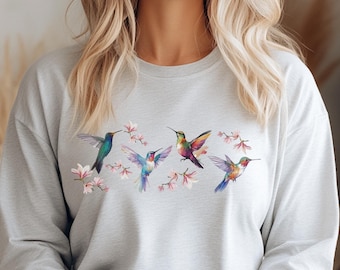 Hummingbird Floral Long Sleeve Tee Colorful Bird Blossoms shirt for her Bird lover tee Watercolor birds and flowers aesthetic top Nature tee
