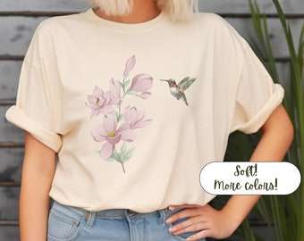 Hummingbird shirt Floral Hummingbird tshirt gift Watercolor flower bird tee Nature lover shirt Bird watcher top Spring bird Pink floral tee