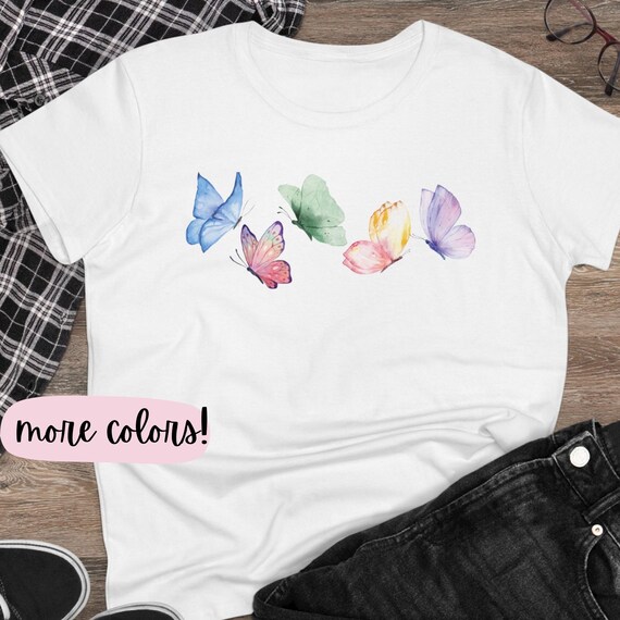 Butterfly Spring Tee  Women's pastel butterflies tee Watercolor butterfly shirt Whisical springtime teeGgift for Mom Colorful summer top