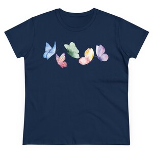 Butterfly Spring Tee Women's pastel butterflies tee Watercolor butterfly shirt Whisical springtime teeGgift for Mom Colorful summer top Navy