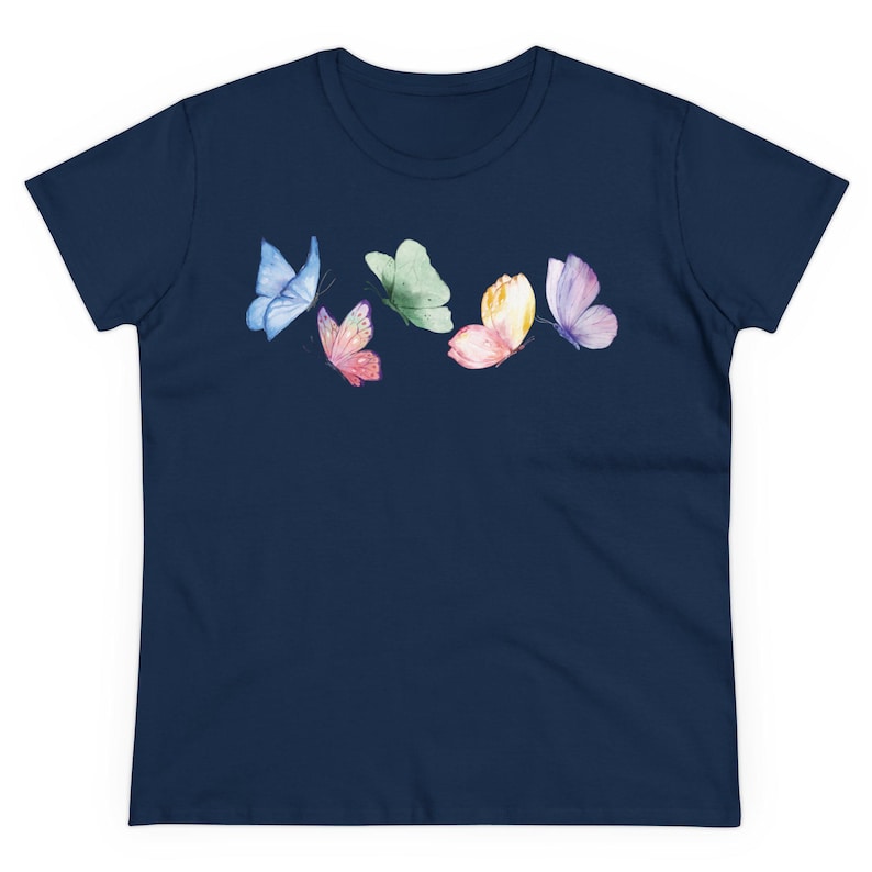Butterfly Spring Tee Women's pastel butterflies tee Watercolor butterfly shirt Whisical springtime teeGgift for Mom Colorful summer top Navy