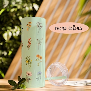 Floral Skinny Tumbler with Straw Wildflower bouquet 20oz Insulated Drinkware Summer Travel Mug Pretty Stainless steel botanical water bottle
