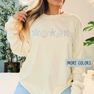 Seashells Row Comfort Colors long sleeve shirt Coastal cotton top Starfish scallop conch beach design Gift for Beach lover