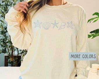 Seashells Row Comfort Colors long sleeve shirt Coastal cotton top Starfish scallop conch beach design Gift for Beach lover