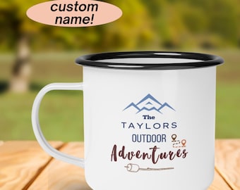 Personalized Enamel Camp Cup Custom Outdoor Adventure Mug Camping Gift Family Camping Mug Unique Adventure Cup