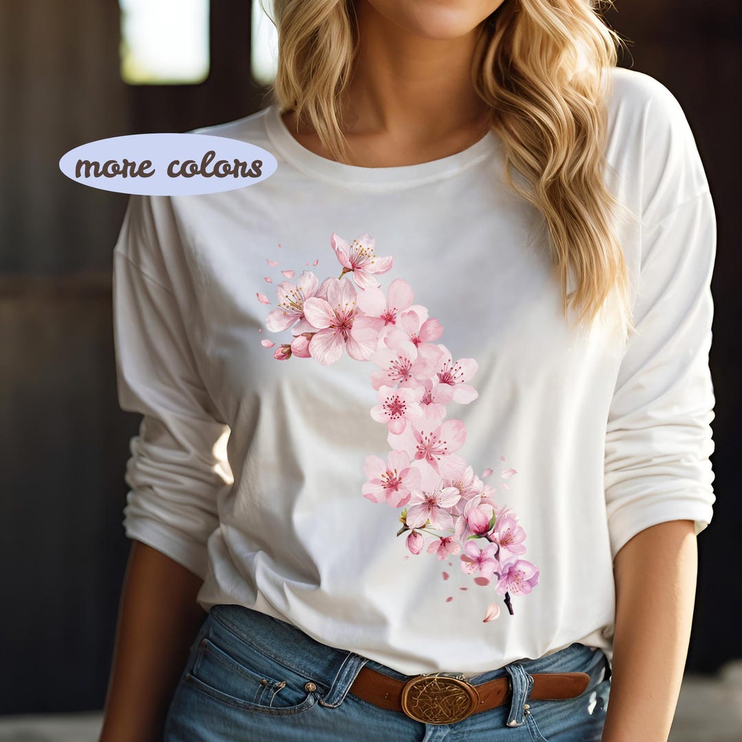 Spring Color Shirts Floral Spring Long Sleeve Tee Cherry Blossoms Cotton Tee Pretty Spring ...