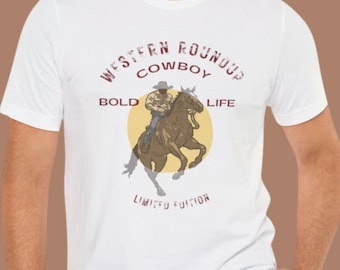 Western roundup T-Shirt, Rodeo graphic tee, Cowboy life cotton unisex shirt Wild west range life tee Country rodeo fan apparel
