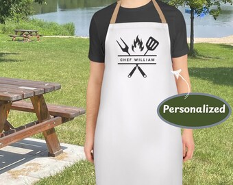 Personalized Chef Apron BBQ long apron Custom mens kitchen apron Barbecue apron Grill Apron Fathers Day gift Custom name Grilling gift