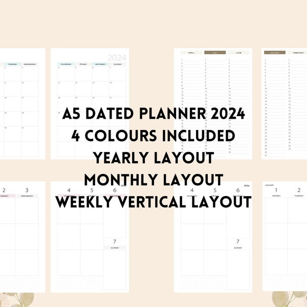 A5 printable planner 2024 dated yearly monthly weekly vertical layout monday start 4 colours included EN version