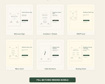 Wildflower Wedding Template Bundle, Full Garden Wedding Set, Invitation RSVP Signs Menu Table Numbers Thank You Favor Tags