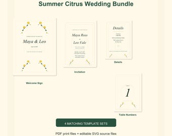 Summer Citrus Wedding Template Bundle, Welcome Sign Invitation Details Card Table Numbers, Garden Wedding Printable Decor, Editable SVG
