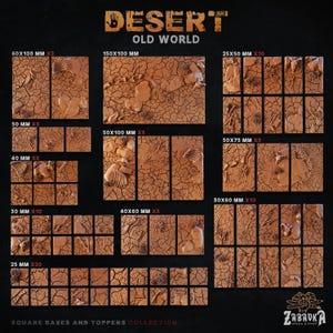 May include: A collection of square bases and toppers labeled Desert Old World, featuring a cracked earth texture with scattered rocks and skeletal remains. The set includes various sizes ranging from 25 mm to 150x100 mm, displayed in a grid layout.
