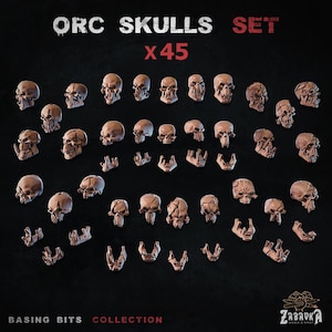 May include: A collection of 45 miniature tan-colored orc skulls and jawbones arranged on a dark surface. The text ORC SKULLS SET x 45 is displayed at the top, with BASING BITS COLLECTION and the ZABAVKA WORKSHOP logo at the bottom.