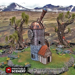 May include: A miniature observatory tower featuring a stone base, a metallic cylindrical upper section with a large telescope, and an attached small house with a red tiled roof. The structure includes a spiral staircase and gear details.