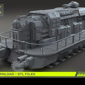 May include: A gray, futuristic war train model, designed for 28mm wargaming. The model features intricate details, including a front saw blade, a railing, and a top-mounted gun. The text "DIGITAL DOWNLOAD - STL FILES" is visible.
