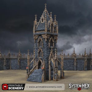 May include: A miniature stone tower and wall section featuring dark grey masonry with tan architectural trim, pointed arches, and a steep roof. The structure includes a central staircase leading to an arched doorway, with the text PRINTABLE SCENERY and SYSTEM HEX visible at the bottom.