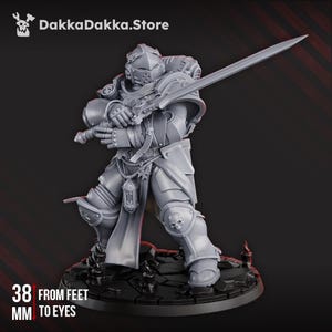 May include: A gray resin miniature of a knight in heavy armor holding a long sword. The figure features a helmet with a visor, skull motifs on the pauldrons and greaves, and a hanging lantern. Text reads DakkaDakka.Store and 38 MM FROM FEET TO EYES.