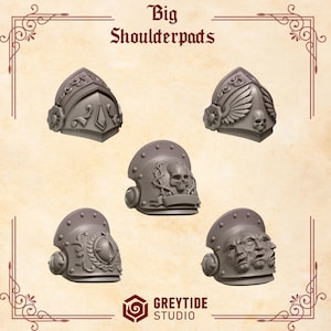 May include: Five gray shoulder pads with detailed designs, including skulls, wings, and ornate patterns. The text "Big Shoulderpads" is at the top. The GreyTide Studio logo is at the bottom.