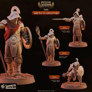 May include: Three miniature gladiator figurines from the Unyielding Legion collection. Arena Gladiator A stands with a trident, Gladiator B holds a sword and shield, and Gladiator C wields a mace. Heights range from 35mm to 49mm on 25mm to 35mm bases.